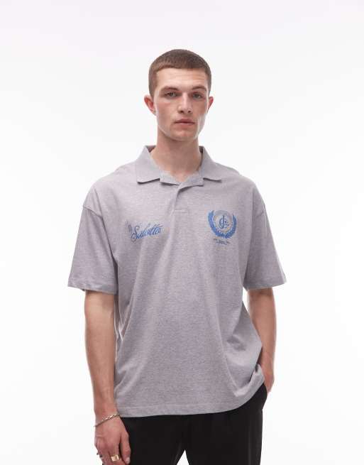 ASOS DESIGN boxy oversized short sleeve polo with with front chest print in grey marl, 4 of 4