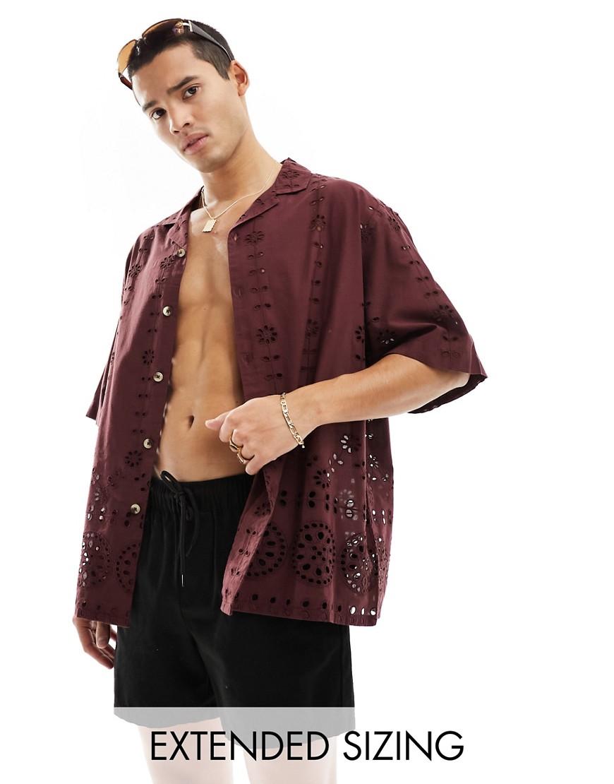 ASOS DESIGN boxy oversized short sleeve shirt in broderie in brown