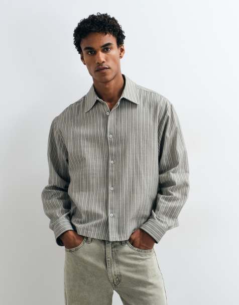 ASOS DESIGN boxy oversized skjorte i hørlook med striber i khaki - view 1
