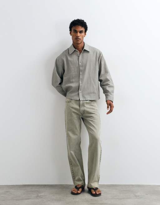 ASOS DESIGN boxy oversized stribet skjorte i khaki, 2 af 5