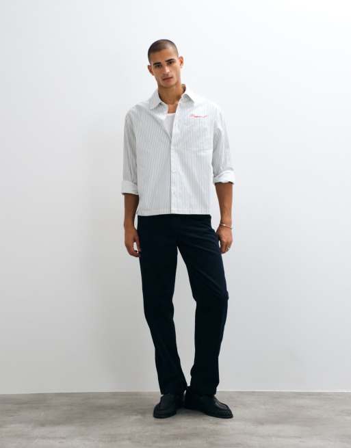 ASOS DESIGN boxy oversized stribet skjorte med brystbroderi i blå og hvid, 3 af 5