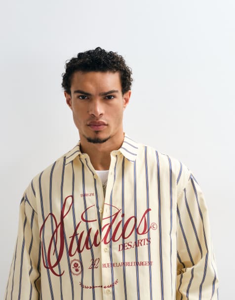 ASOS DESIGN boxy oversized stribet skjorte med grafik foran i gul - view 1