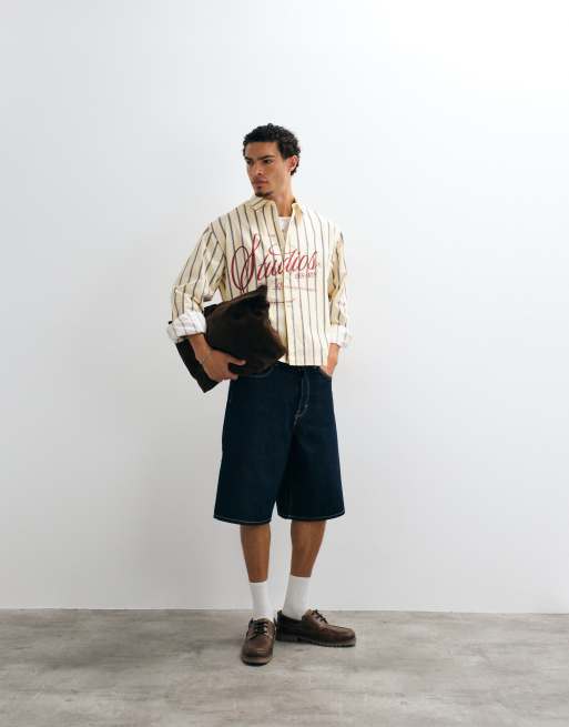ASOS DESIGN boxy oversized stribet skjorte med grafik foran i gul, 2 af 5