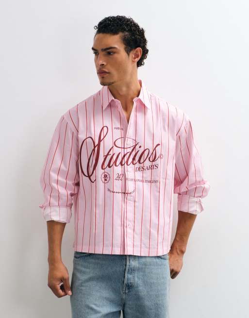 ASOS DESIGN boxy oversized stribet skjorte med grafik foran i pink, 2 af 5