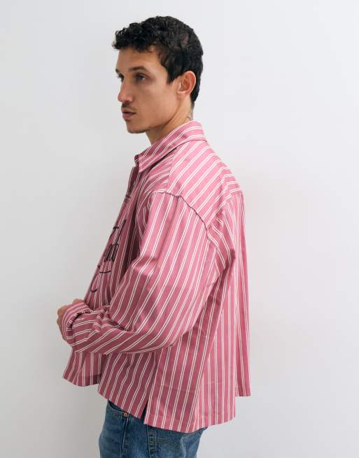 ASOS DESIGN boxy oversized stribet skjorte med placeret print i mauve, 2 af 5