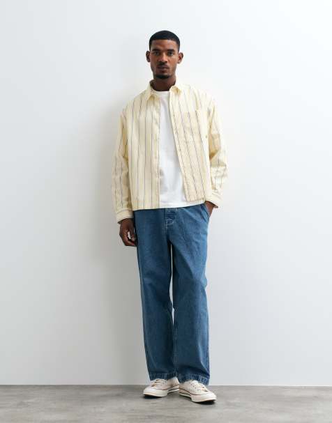 ASOS DESIGN boxy oversized stripe poplin revere shirt with embroidery in yellow - view 1