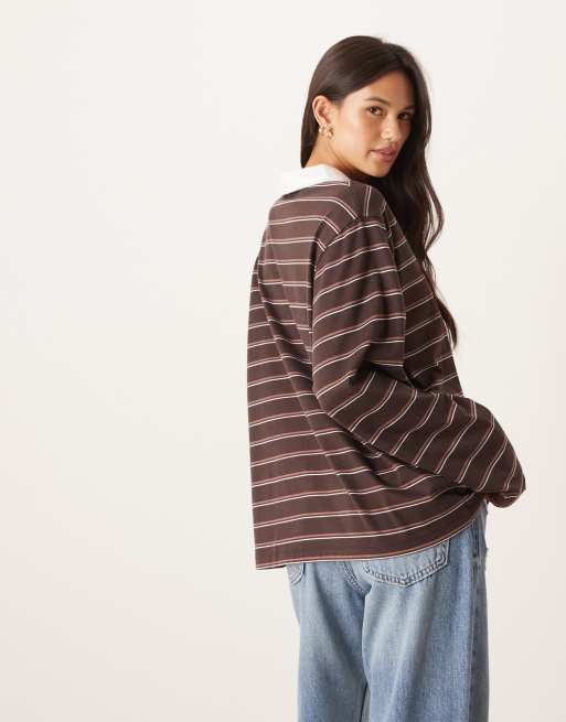 ASOS DESIGN boxy oversized stripe rugby top in brown