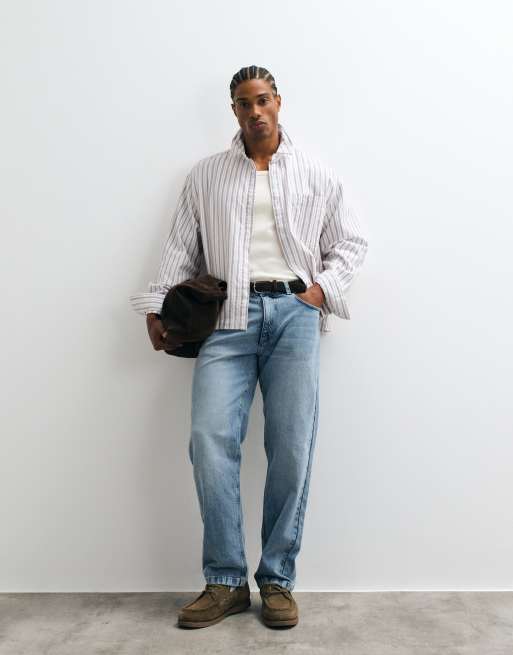 ASOS DESIGN boxy oversized stripe shirt in beige, 2 of 5