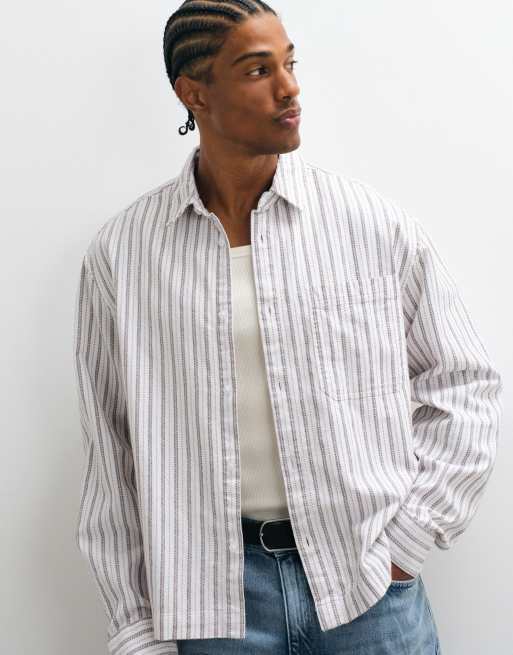 ASOS DESIGN boxy oversized stripe shirt in beige, 5 of 5