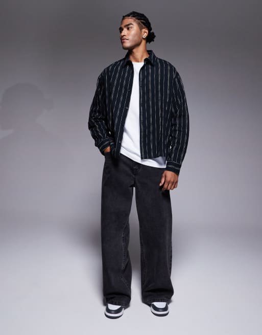 ASOS DESIGN boxy oversized stripe shirt in black, 2 of 5