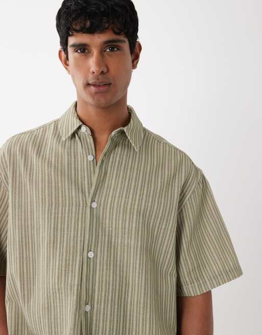 ASOS DESIGN boxy oversized stripe shirt in khaki, 3 of 5