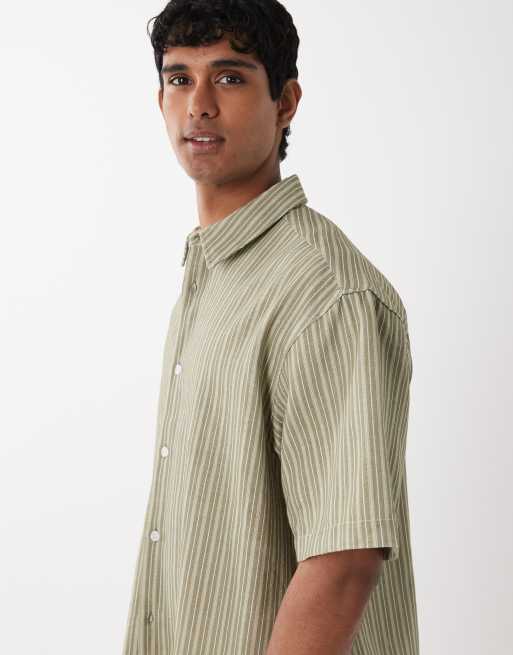 ASOS DESIGN boxy oversized stripe shirt in khaki, 4 of 5