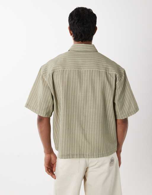 ASOS DESIGN boxy oversized stripe shirt in khaki, 5 of 5