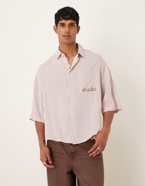 ASOS DESIGN boxy oversized stripe shirt with chest embroidery in burgundy - view 1