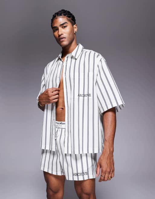 ASOS DESIGN boxy oversized stripe shirt with chest embroidery in stone (part of a set)