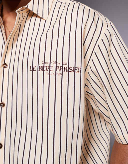 ASOS DESIGN boxy oversized stripe shirt with chest print in beige (part of a set)