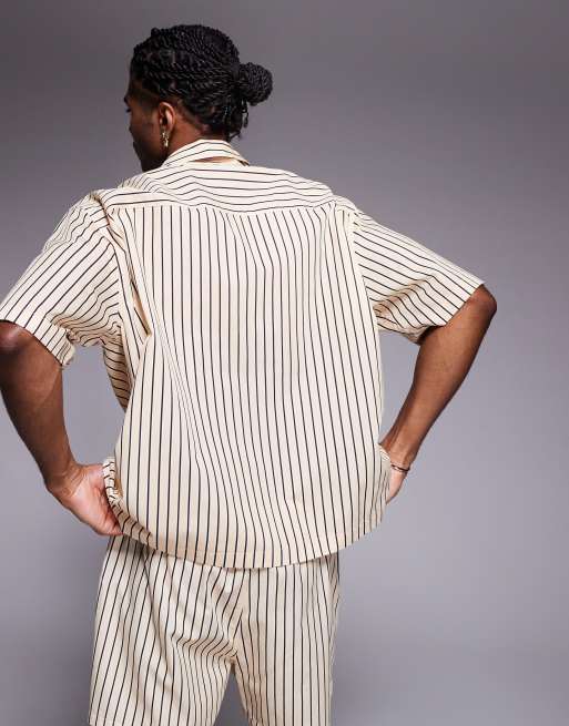 ASOS DESIGN boxy oversized stripe shirt with chest print in beige (part of a set)