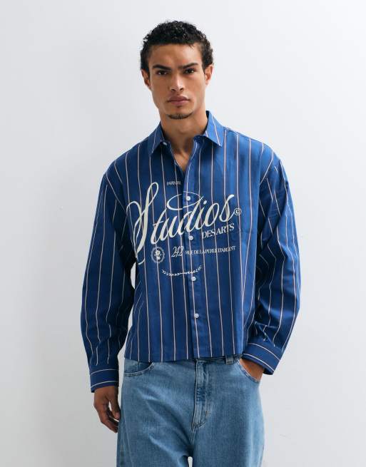 ASOS DESIGN boxy oversized stripe shirt with front graphic in blue, 2 of 9