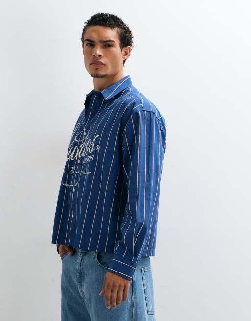ASOS DESIGN boxy oversized stripe shirt with front graphic in blue, 3 of 9