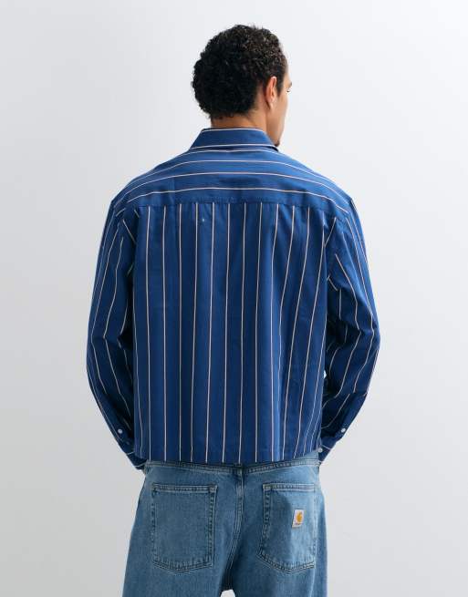 ASOS DESIGN boxy oversized stripe shirt with front graphic in blue, 4 of 9
