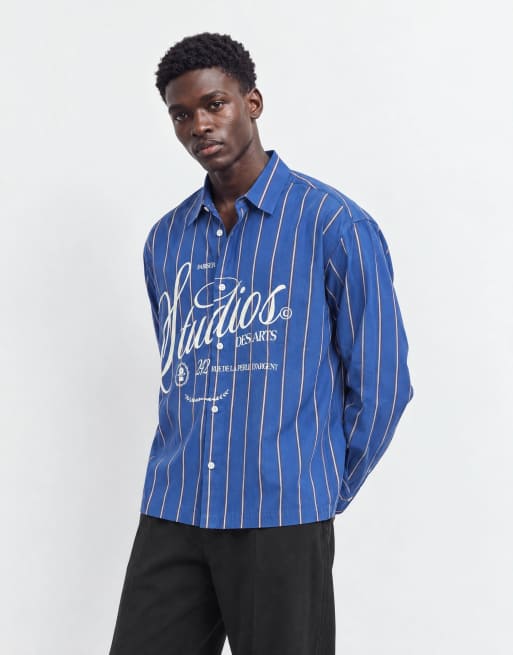 ASOS DESIGN boxy oversized stripe shirt with front graphic in blue, 6 of 9