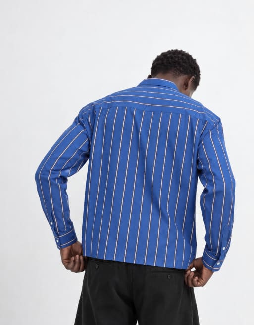 ASOS DESIGN boxy oversized stripe shirt with front graphic in blue, 7 of 9