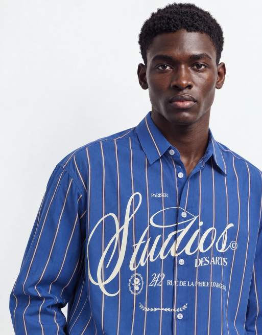 ASOS DESIGN boxy oversized stripe shirt with front graphic in blue, 8 of 9