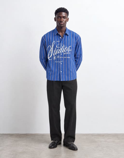 ASOS DESIGN boxy oversized stripe shirt with front graphic in blue, 9 of 9