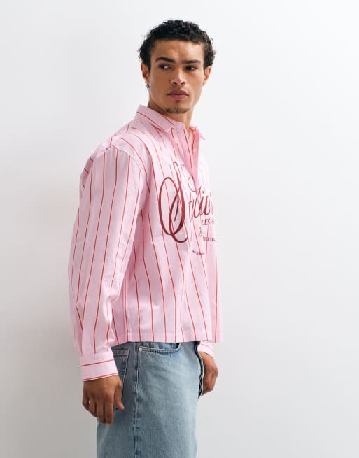 ASOS DESIGN boxy oversized stripe shirt with front graphic in pink, 3 of 5