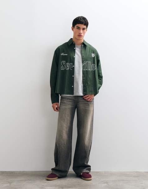 ASOS DESIGN boxy oversized stripe shirt with front print in green - view 1
