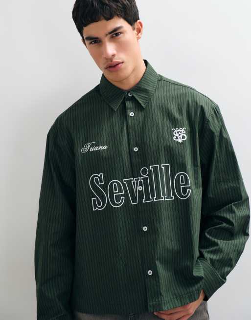ASOS DESIGN boxy oversized stripe shirt with front print in green, 2 of 5