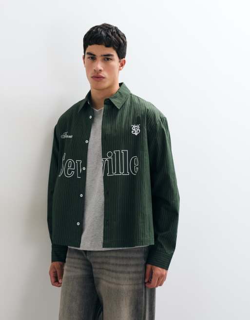 ASOS DESIGN boxy oversized stripe shirt with front print in green, 3 of 5