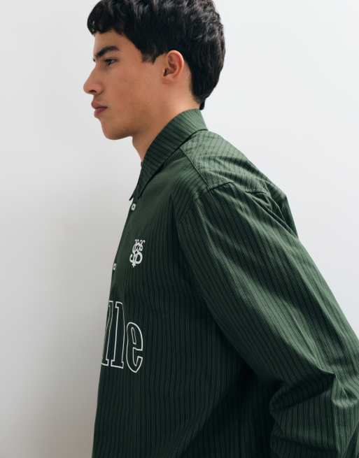 ASOS DESIGN boxy oversized stripe shirt with front print in green, 4 of 5