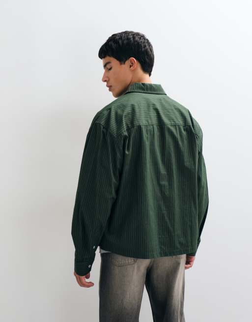 ASOS DESIGN boxy oversized stripe shirt with front print in green, 5 of 5