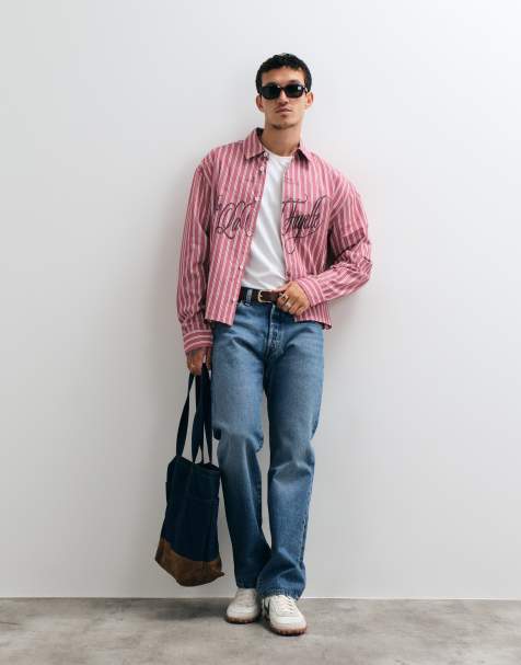 ASOS DESIGN boxy oversized stripe shirt with placement print in mauve - view 1