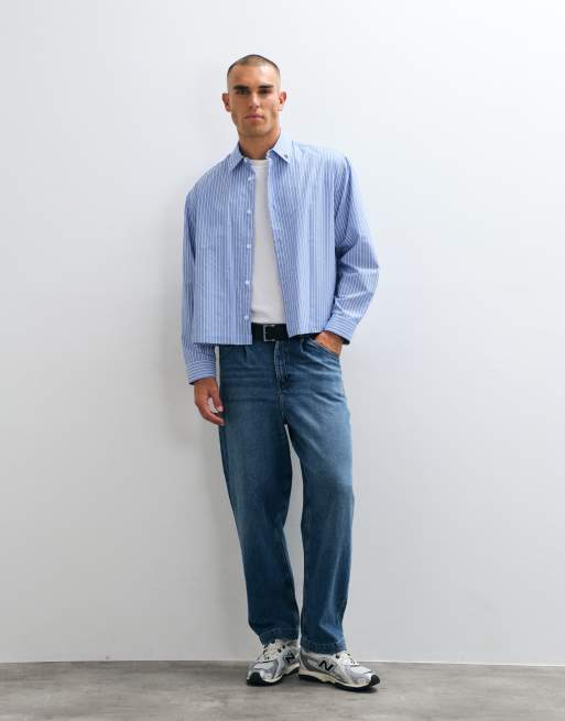 ASOS DESIGN boxy oversized stripe shirt with placement prints in blue, 3 of 5