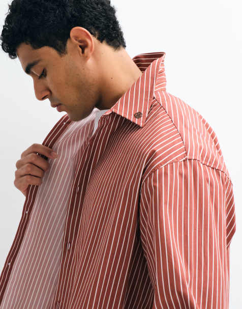 ASOS DESIGN boxy oversized stripe shirt with placement prints in red - view 1