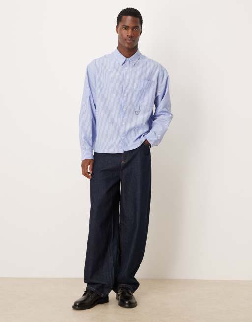 ASOS DESIGN boxy oversized stripe shirt with pocket detail in blue, 2 of 5