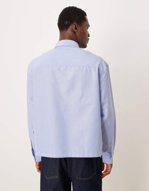ASOS DESIGN boxy oversized stripe shirt with pocket detail in blue, 3 of 5