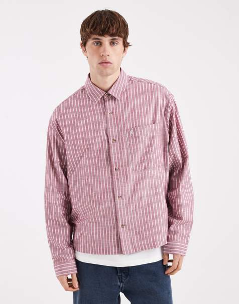 ASOS DESIGN boxy oversized stripe shirt with pocket embroidery in burgundy - view 1