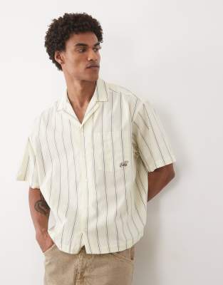 Asos Design Boxy Oversized Striped Poplin Camp Collar Shirt With Embroidery In Neutral