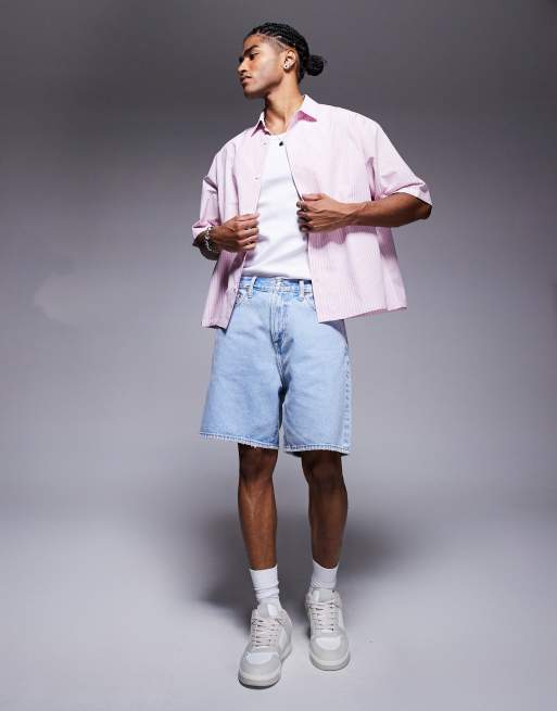 ASOS DESIGN boxy oversized striped poplin shirt in pink