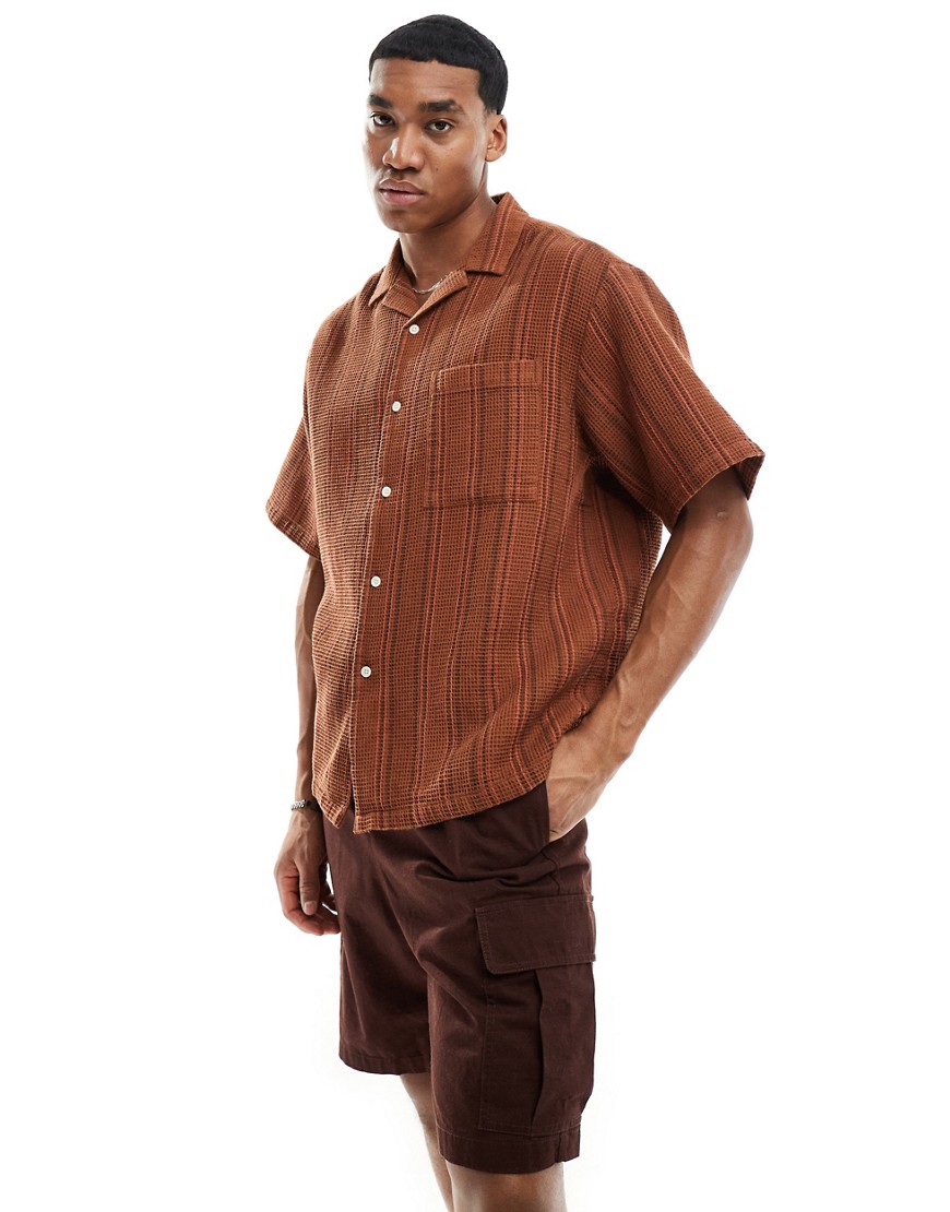 Asos Design Boxy Oversized Striped Shirt In Brown