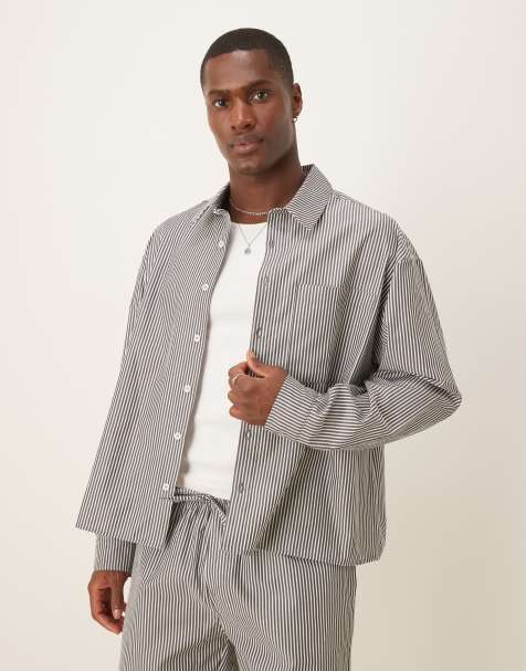 ASOS DESIGN boxy oversized striped shirt in gray - part of a set - view 1