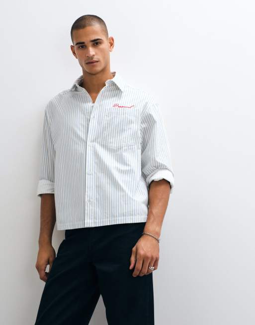 ASOS DESIGN boxy oversized striped shirt with chest embroidery in blue and white, 2 of 5