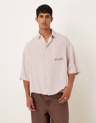 Asos Design Boxy Oversized Striped Shirt With Chest Embroidery In Neutral