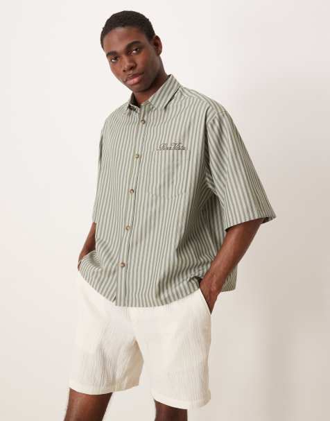ASOS DESIGN boxy oversized striped shirt with chest embroidery in green - view 1