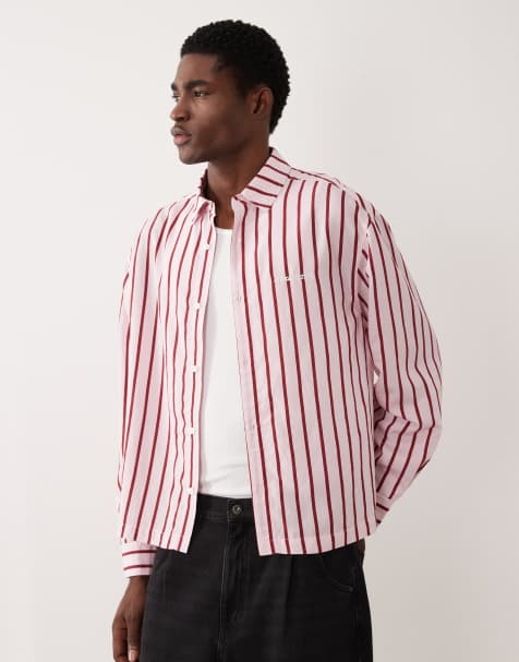 ASOS DESIGN boxy oversized striped shirt with chest embroidery in pink - view 1