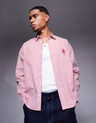 Asos Design Boxy Oversized Striped Shirt With Chest Embroidery-red