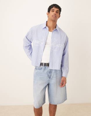 Asos Design Boxy Oversized Striped Shirt With Embroidery In Blue